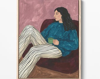 Lámina artística "Mujer tomando café", decoración de pared ecléctica, retrato femenino moderno (descarga digital).