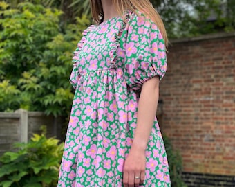 Ready to dispatched Happy green and pink Cherry Blossom smoked cute statement frill dress and puffy sleeves size 12