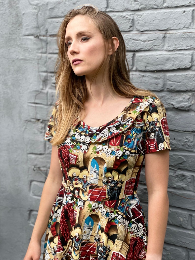 Handmade dia de los muertos pinup Mexican Frida Halloween Dress alexander henry fabric