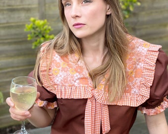 Handmade Oversized statement Peter Pan orange retro flowers collar and brown shirt size 10/12 M/L