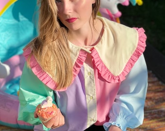 Handmade Oversized 70s spring bardot priarie party gift girl statement Peter Pan frill Collar shirt Pastel colour block