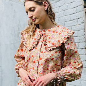 Handmade Oversized priarie Brigitte bardote 70s puffy sleeves cocktail statement Peter Pan frill Collar shirt autumn flowers