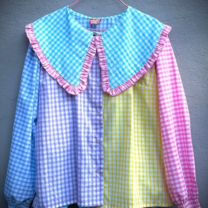 Handmade Oversized priarie Brigitte bardote 70s puffy sleeves cocktail statement Peter Pan frill Collar gingham Pastel colour block