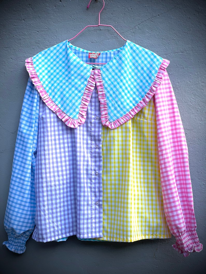 Handmade Oversized priarie Brigitte bardote 70s puffy sleeves cocktail statement Peter Pan frill Collar gingham Pastel colour block
