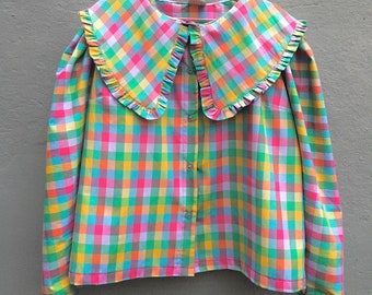 Handmade Oversized priarie Brigitte bardote 70s puffy sleeves cocktail statement Peter Pan frill Collar white shirt rainbow gingham