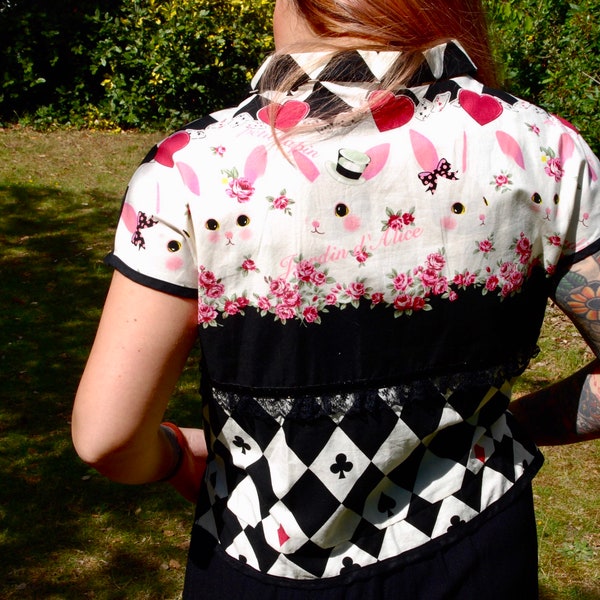 Handmade black and white check Alice wonderland bunnys shirt with Japanese Kawaii fabric Lolita