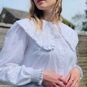 Made to order Oversized statement Bardot cottagecore milkmaid spring priarie Peter Pan frill Collar shirt with puffy sleeves perfect gift