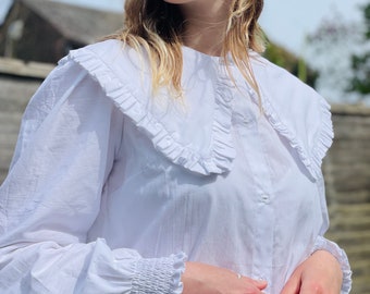 Handmade Oversized statement Bardot cottagecore milkmaid spring priarie Peter Pan frill Collar shirt with puffy sleeves