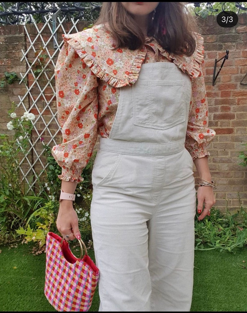 Handmade Oversized priarie Brigitte bardote 70s puffy sleeves cocktail statement Peter Pan frill Collar shirt autumn flowers