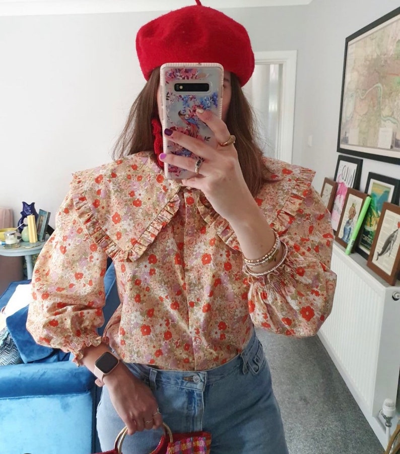 Handmade Oversized priarie Brigitte bardote 70s puffy sleeves cocktail statement Peter Pan frill Collar shirt autumn flowers