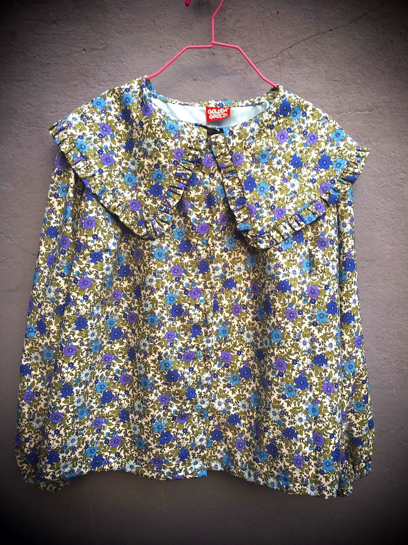 Handmade Oversized priarie Brigitte bardote 70s puffy sleeves cocktail statement Peter Pan frill Collar shirt autumn flowers