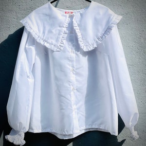 Handmade Oversized statement Bardot cottagecore milkmaid spring priarie Peter Pan frill Collar shirt with puffy sleeves