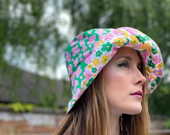 Handmade to order Happy Cherry blossom reversible bucket hat