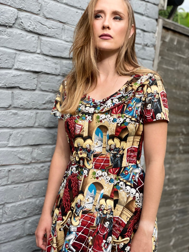 Handmade dia de los muertos pinup Mexican Frida Halloween Dress alexander henry fabric