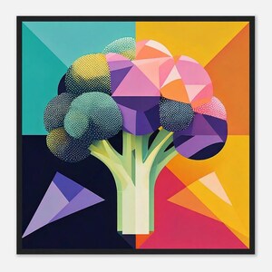 Könnte beinhalten: Eine geometrische abstrakte Illustration eines Brokkolis mit einem grünen Stiel und Röschen in Schattierungen von Lila, Rosa, Gelb und Grün vor einem Hintergrund aus Türkis, Gelb, Rot und Schwarz.