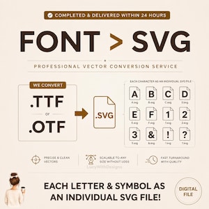 May include: A digital service graphic displaying FONT > SVG with text indicating professional vector conversion of .TTF or .OTF files into individual .SVG files for each character, symbol, and letter, presented as a digital file.