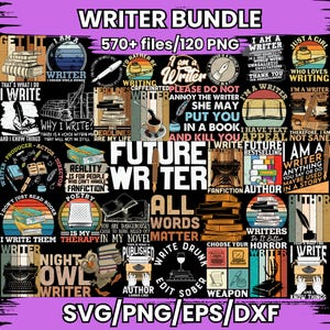 May include: A colorful collage of images and text related to writing. The images include books, typewriters, coffee cups, and owls. The text includes phrases like "I am a writer", "Future Writer", and "All words matter".