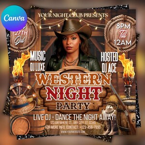 Puede incluir: Un folleto promocional para una fiesta de Noche del Oeste. El diseño presenta a una mujer con sombrero de vaquero, rodeada de elementos rústicos como barriles, una rueda de carro y antorchas. El texto incluye "Western Night Party" y detalles del evento.