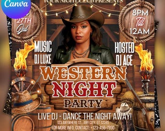 Western Party Flyer: Cowgirl Birthday, Nightclub Event (Canva Editable, Digital Download)