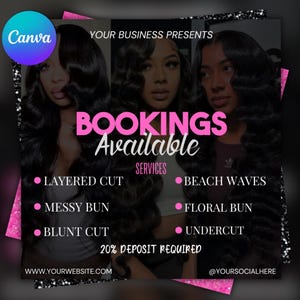 DIY Hairstylist flyer, Social media, Bookings available, Book now, Instagram Promo, Black and Pink design