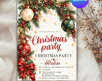 Christmas Party Invitation, Retro Christmas Dinner Invite, Editable Xmas Invitation Template, Vintage Holiday Party Card