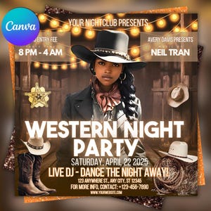 Western Party Flyer, Birthday Western Party Flyer, Night Club Flyer, Summer Pool Party Flyer, Cowgirl, Social Media Flyer, Canva Editable