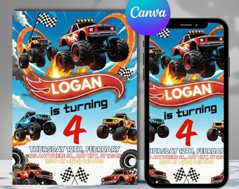 Convite de aniversário com tema de Monster Truck, modelo editável no Canva, convite para festa Monster Jam, aniversário com tema de corrida, aniversário para menino, download instantâneo.