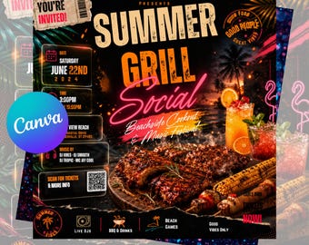 Summer Grill Party Flyer, Digital Invite, Editable Canva Template