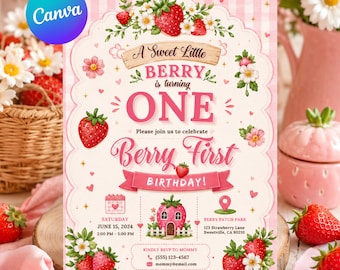 Invito per il primo compleanno a tema frutti di bosco, inviti per la festa del primo compleanno con foto modificabili, inviti di compleanno stampabili a tema fragole