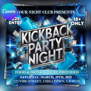 May include: A promotional flyer for a "Kickback Party Night" event. The design features a black and blue background with the event title in large, silver lettering. The flyer includes the date, location, and the text "Food & Drink Will Be Provided."