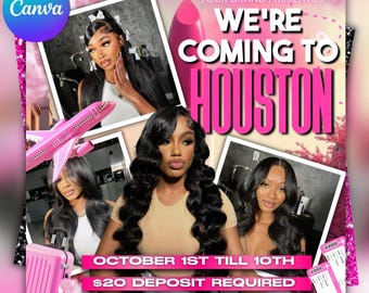 Houston Travel Flyer, Hair, MUA, Lash, Nail Tech Booking (Canva Template)