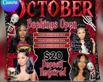 October Bookings Open Flyer, Halloween Hair, Nails, MUA (DIY Canva)