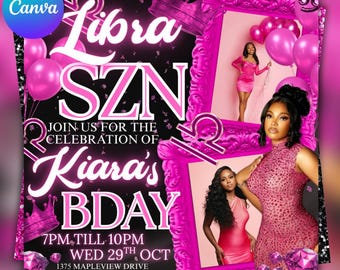 Libra Season Birthday Party Flyer, Pink Celebration (Digital Download)