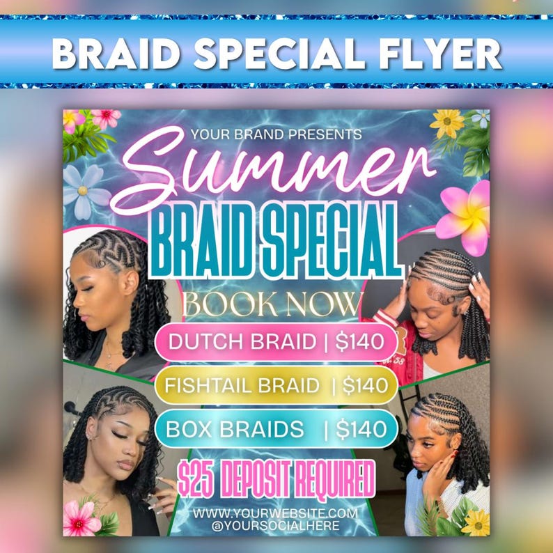 Summer Braid Sale Flyer, Summer Sale Flyer, Braid Prices Flyer, Braids Sale Flyer, Hair Flyer, Braids Special Flyer Template, Canva Editable
