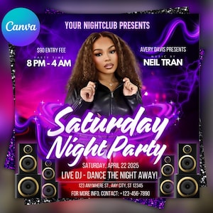 Saturday Night Party Flyer: Editable Club Event Template (Canva)