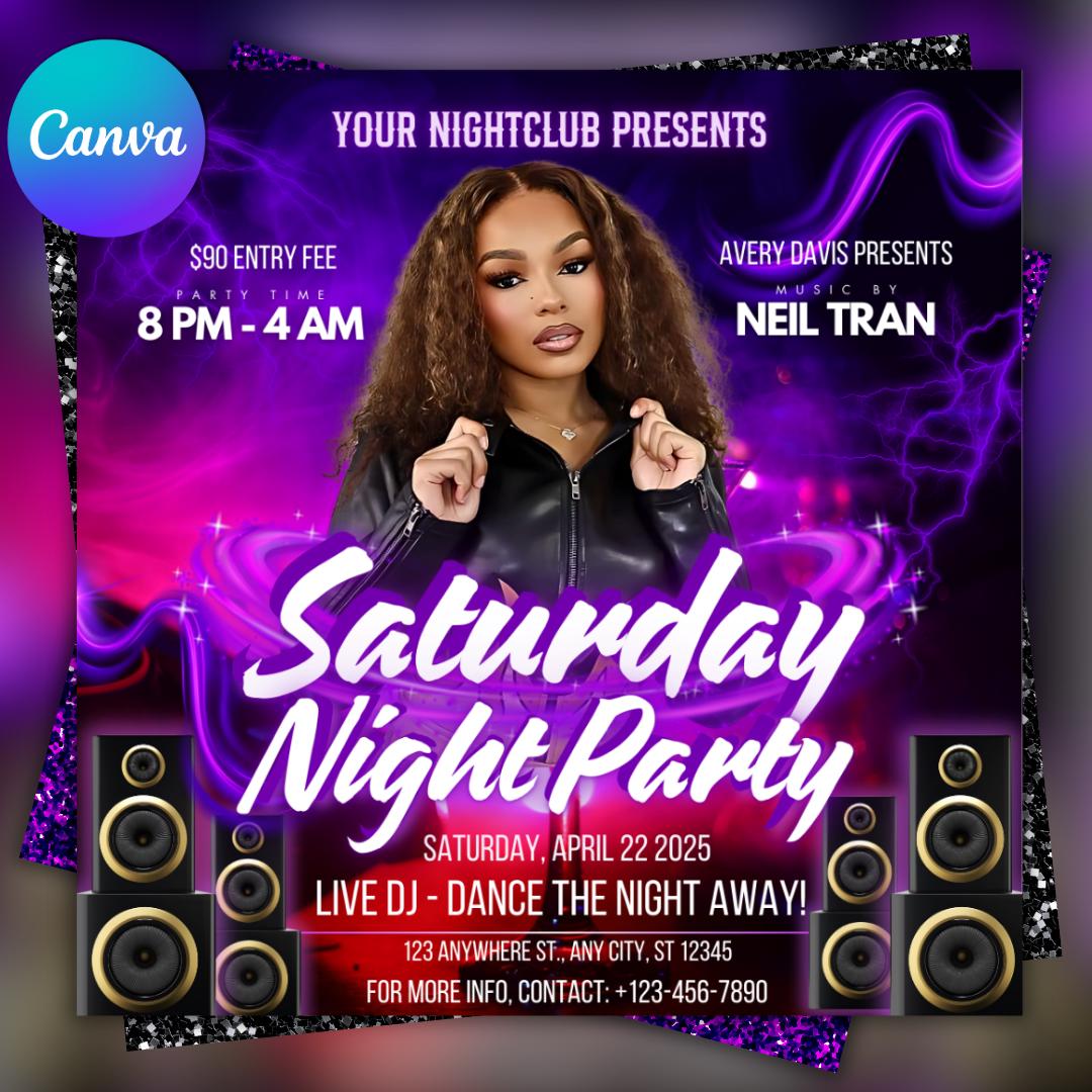 Saturday Night Party Flyer: Editable Club Event Template (Canva)