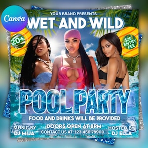 Nasser und wilder Pool-Party-Flyer, Sommer-Strandparty-Flyer, Dj-Party-Einladung, Urban-Party-Flyer, Ereignis-Flyer, Canva bearbeitbare Vorlage