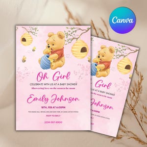 Editable Winnie the Pooh Baby Shower Invitation, Digital Invitation Oh girl, Blue Winnie The Pooh Invitation, Canva Editable