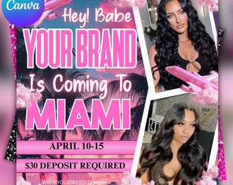 Traveling Makeup Artist Flyer Template: Miami Brand Event (DIY Canva, Digital Download)
