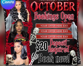 ハロウィン予約チラシ、メイクアップアーティスト、まつげ、ネイル、ウィッグ、不気味な季節のDIY Canva（デジタルダウンロード）