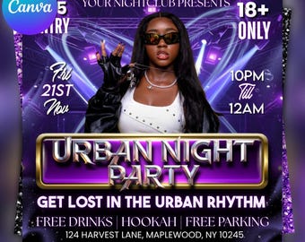 Urban Night DJ Party Flyer, Modern Club Event (Canva Template)