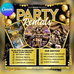 Party Rentals Flyer, Event Supplies Flyer, DIY Flyer Template Design, Event Equipment Rental Flyer, Premade Party Planning Decoration Flyer