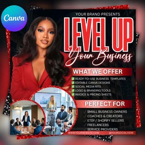 May include: A promotional graphic with a woman in a red blazer. Text reads "Level Up Your Business" and lists services like templates and social media kits. Includes a Canva logo and a group of people in a meeting.