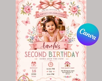 Invito per il secondo compleanno con foto modificabile, invito per il secondo compleanno, modello Canva, festa per bambina, download immediato