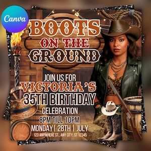 Boots On The Ground Party Flyer Template – Cowgirl Trail Ride Birthday Invite – Western Baddie Editable Canva Template