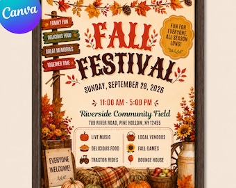 Volantino modificabile per la festa d'autunno, cartello per l'evento della festa autunnale, volantino per la fiera scolastica del campo di zucche, modello Canva