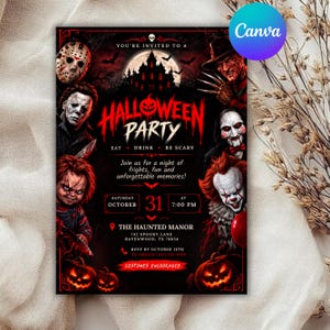 Puede incluir: Una invitación rectangular para una fiesta de Halloween con fondo oscuro, una casa encantada, calabazas y personajes de películas de terror. El texto dice Halloween Party, Eat Drink Be Scary, sábado 31 de octubre a las 19:00 y The Haunted Manor.