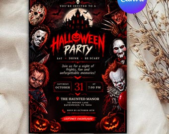 Horror Movie Halloween Party Invitation, Bloody Killer Spooky Costume Invite, Spooky Costume Halloween House Party, Editable Canva Template