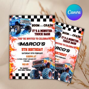 May include: A monster truck birthday party invitation featuring a blue monster truck on a chequered background. The invitation reads "BOOM... CRASH IT'S A MONSTER TRUCK BASH YOU'RE INVITED TO CELEBRATE MARCO'S 5TH BIRTHDAY SATURDAY 15TH FEBRUARY 6:00PM AT 21 PIXEL STREET ARCADE CITY FUNLAND RSVP TO DADDY 123-456-78900"