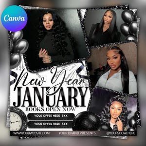 May include: A promotional graphic with the text "New Year JANUARY BOOKS OPEN NOW." The design features four images of women, black balloons, and a clock. The graphic includes website and social media handles.